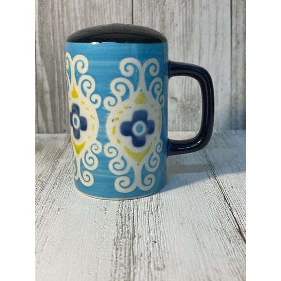 Turquoise Navy Blue White and Yellow Hand Painted Pepper Shaker - Picture 3 of 5